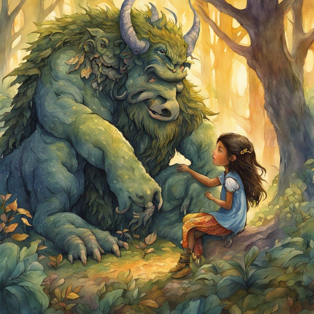 Girl Hugging Forest Troll in Watercolor Style