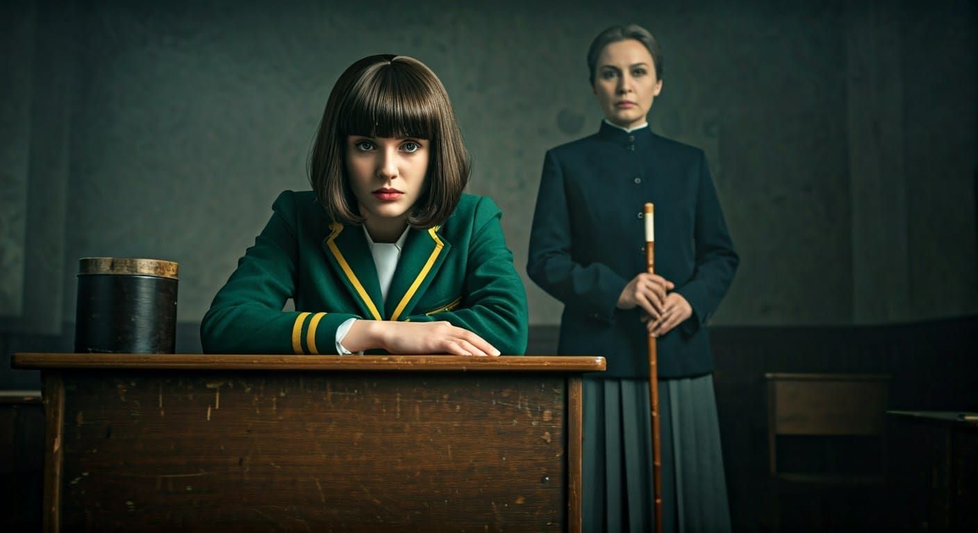 Elegant Schoolgirl Lost in Thought, 1960s Cinema Style