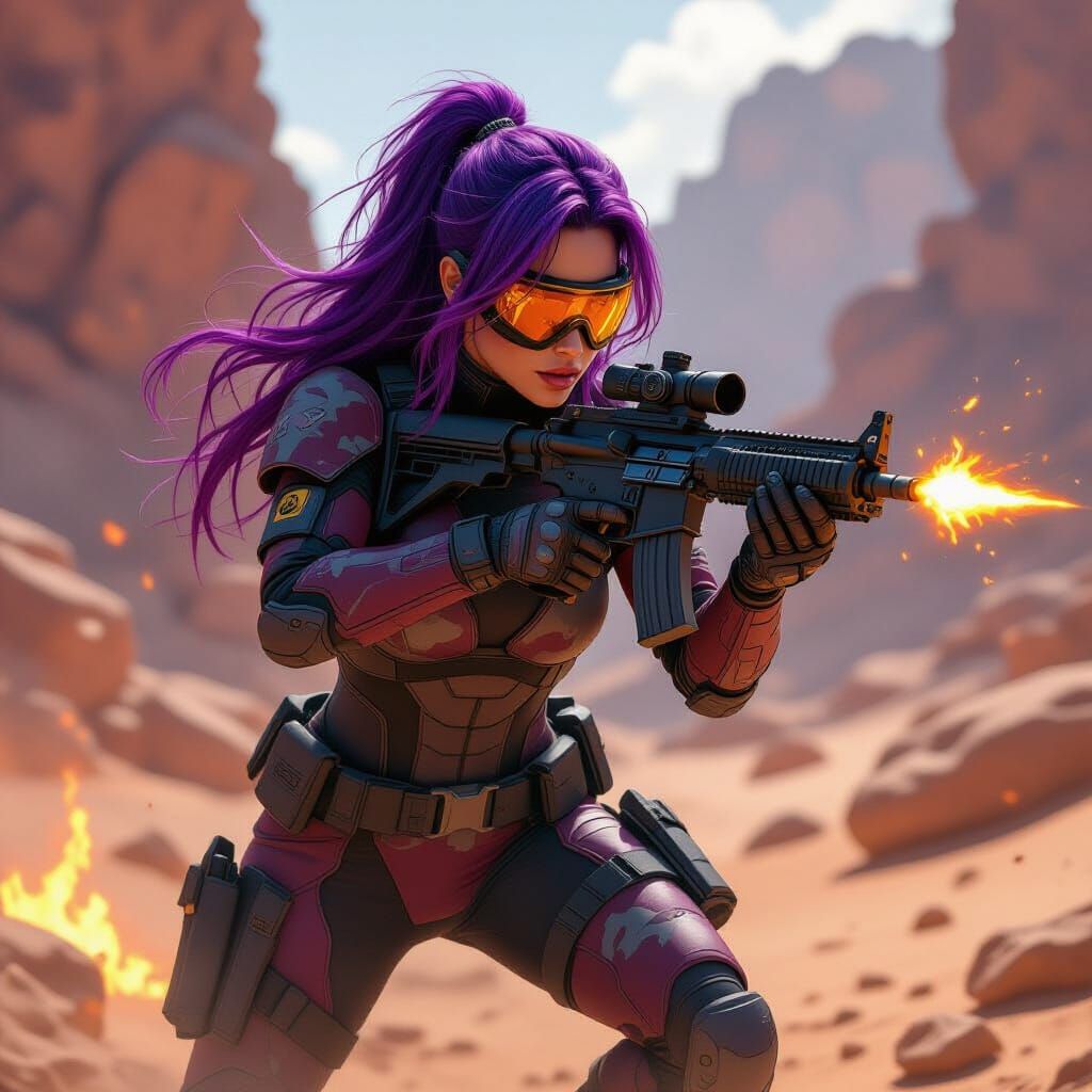 Purple-Haired Woman in Futuristic Combat Suit in Desert Oasi...