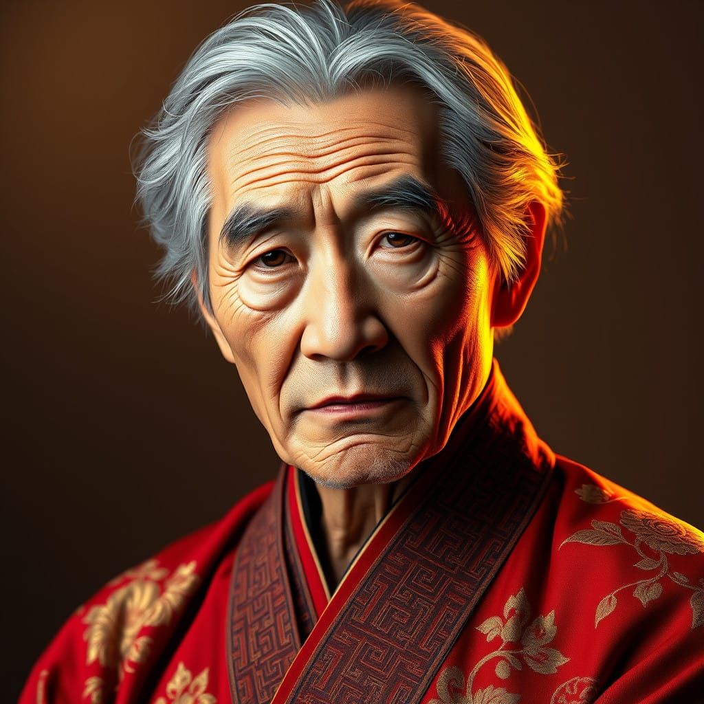 Elderly Chinese Gentleman in Crimson Attire, Warm Golden Lig...