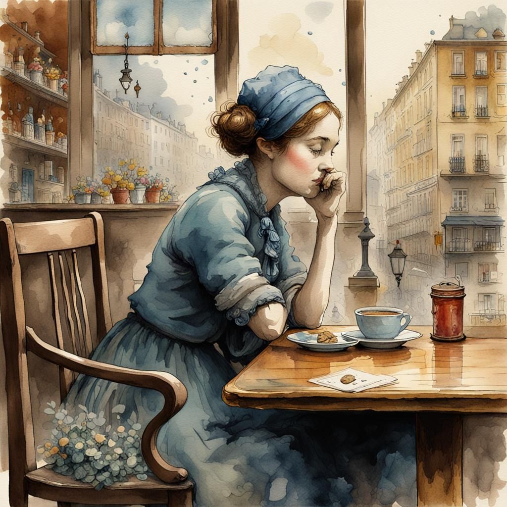 "A Penny for your Thoughts'
Woman sitting down at a table
'thinking'