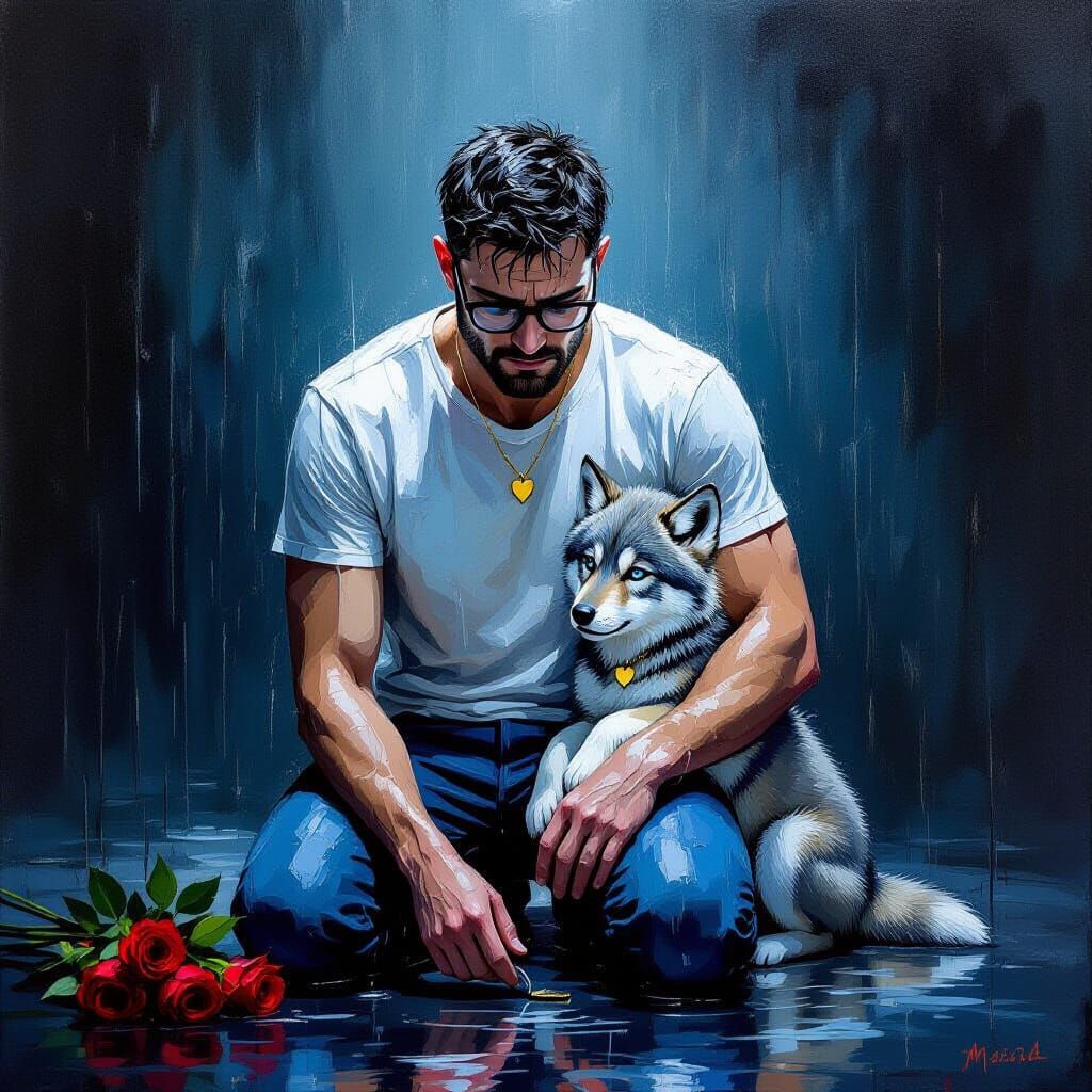 Sad Man and Wolf Cub in Rain, Impasto Oil Painting