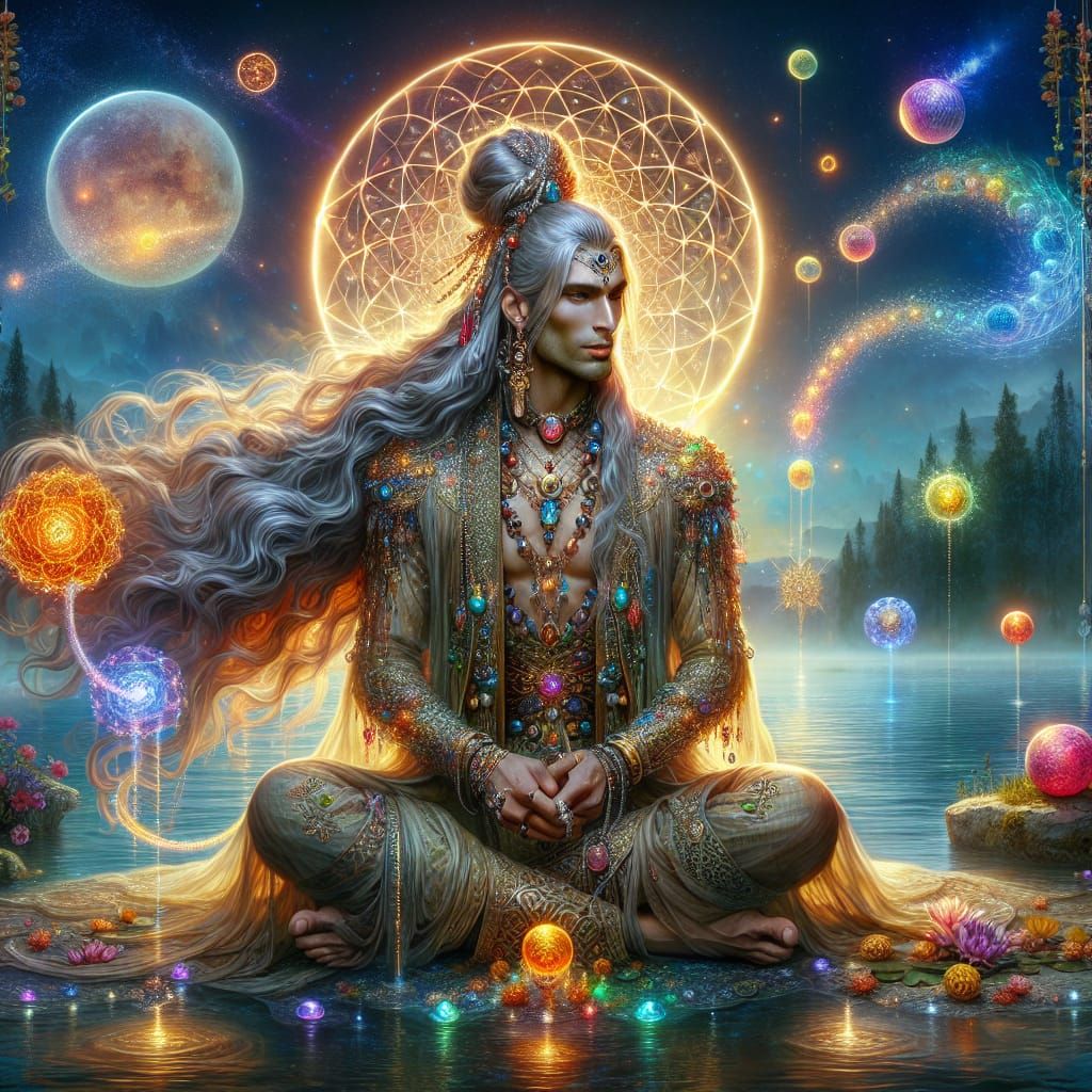 Mystical Woman and Warrior by Water with Flowers