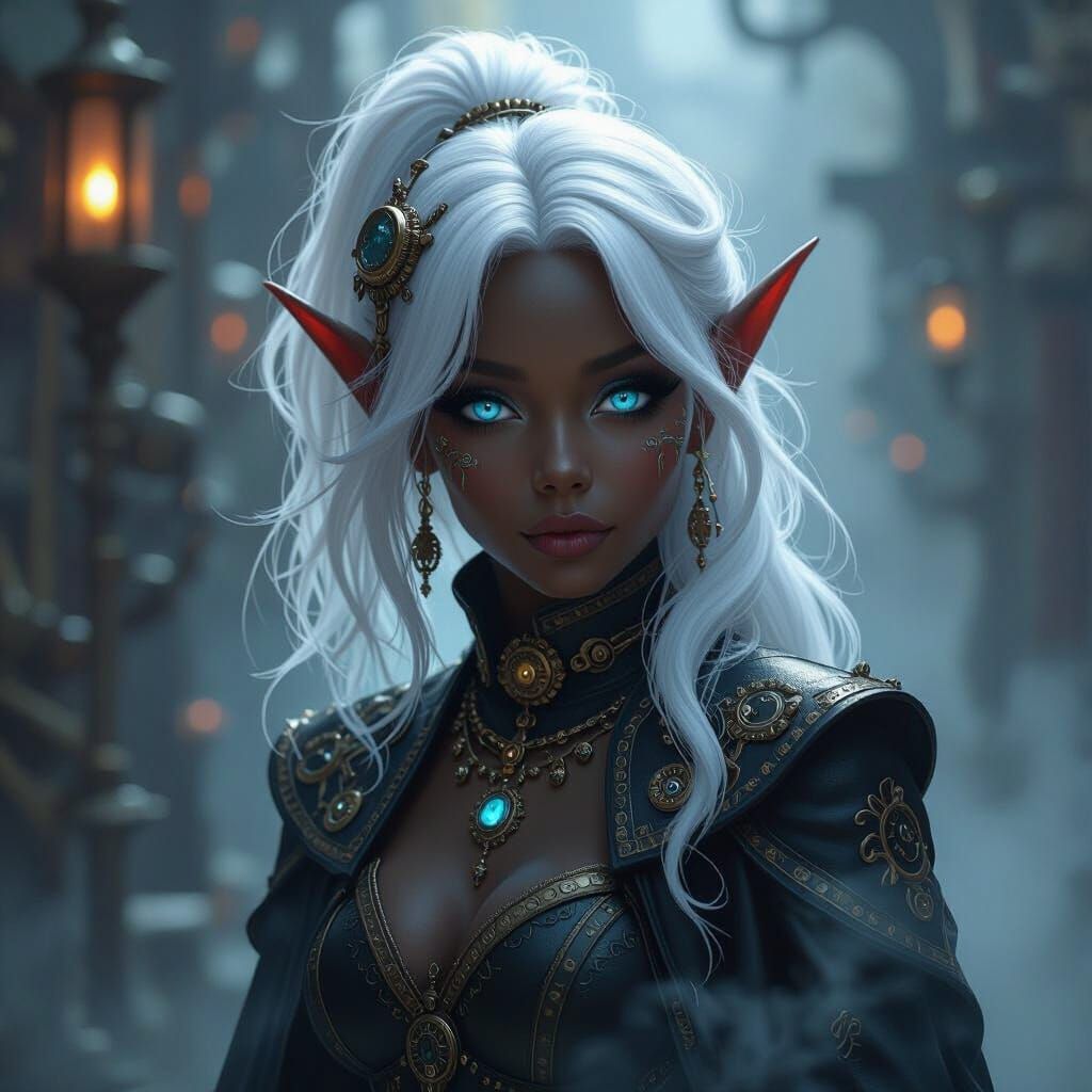 Steampunk Elf Beside Ethereal Engine, Fantasy Art