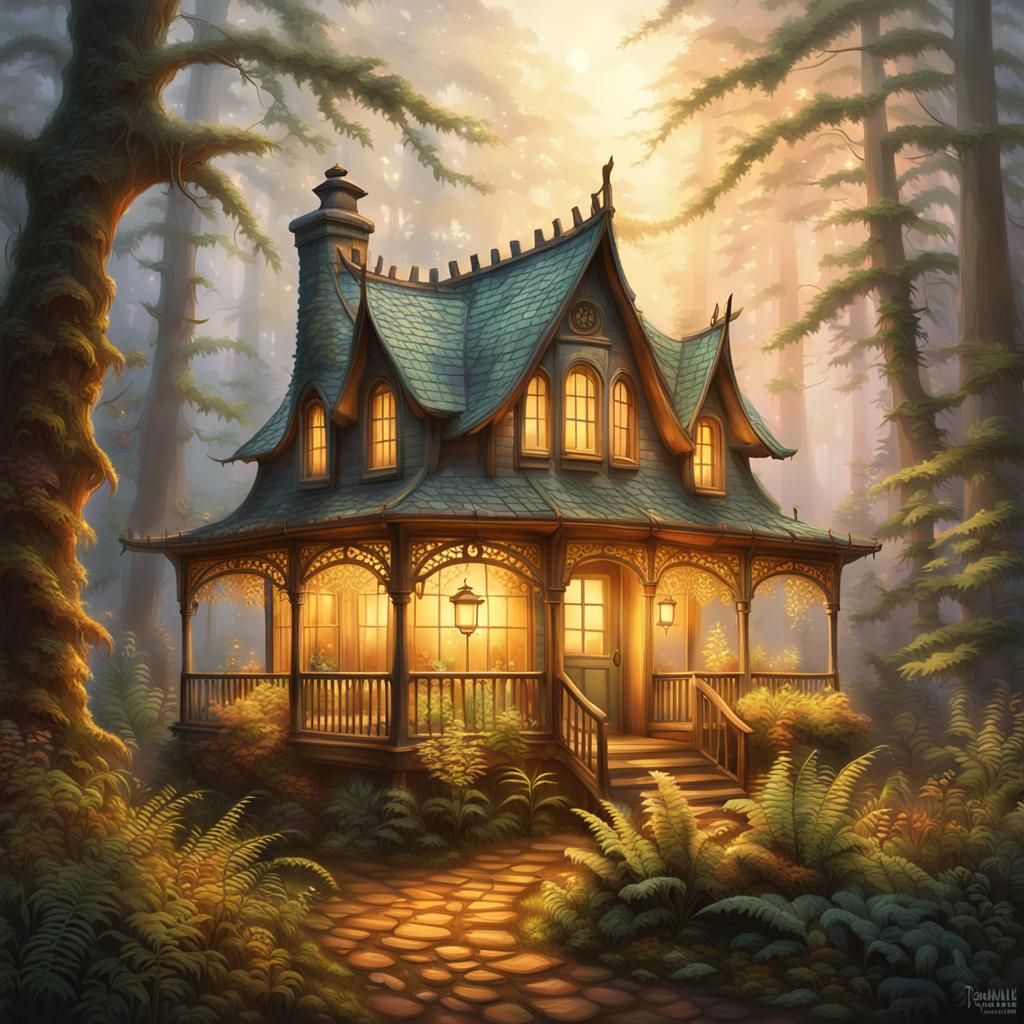 Mystical Lantern House in Misty Forest: Kinkade Style