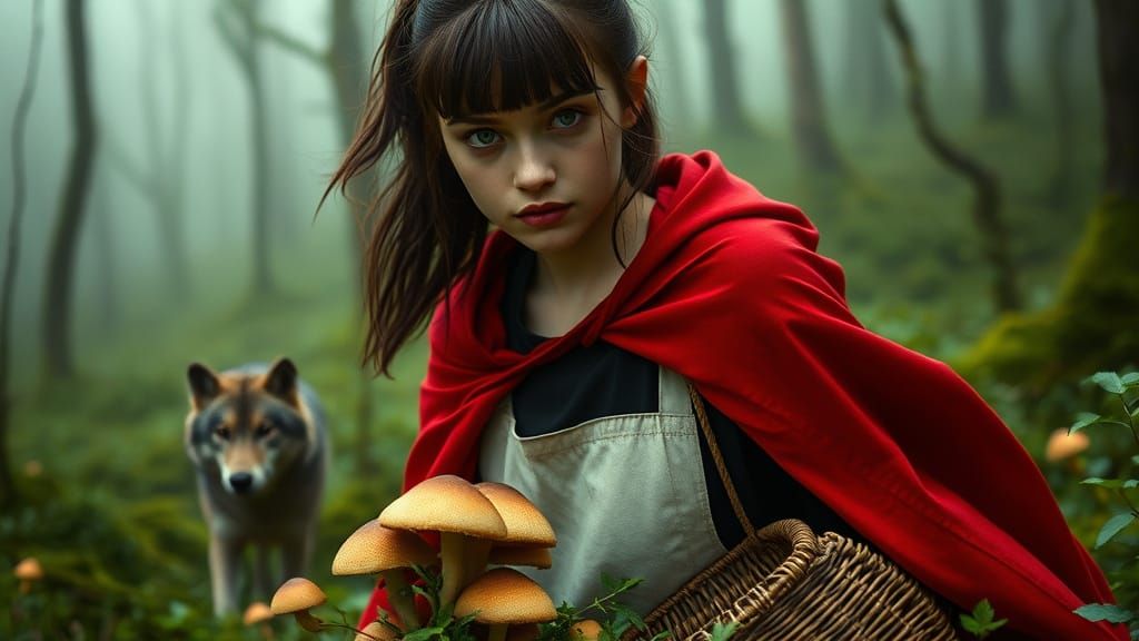 Ethereal Woodland Goddess Gathering Wild Mushrooms in Myster...