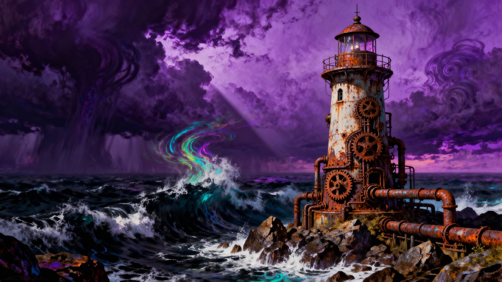 Steampunk Lighthouse in Tempestuous Psychedelic Sky