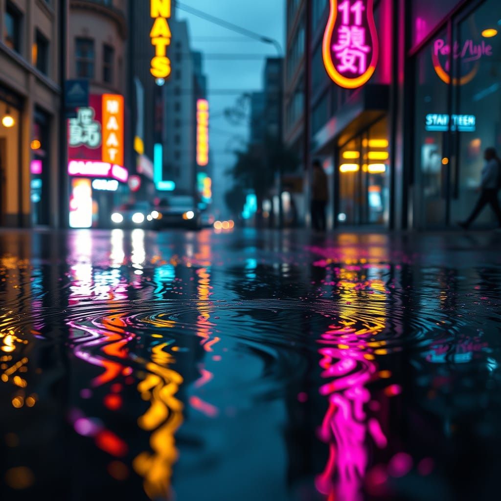 Neon Reflections on Wet City Streets