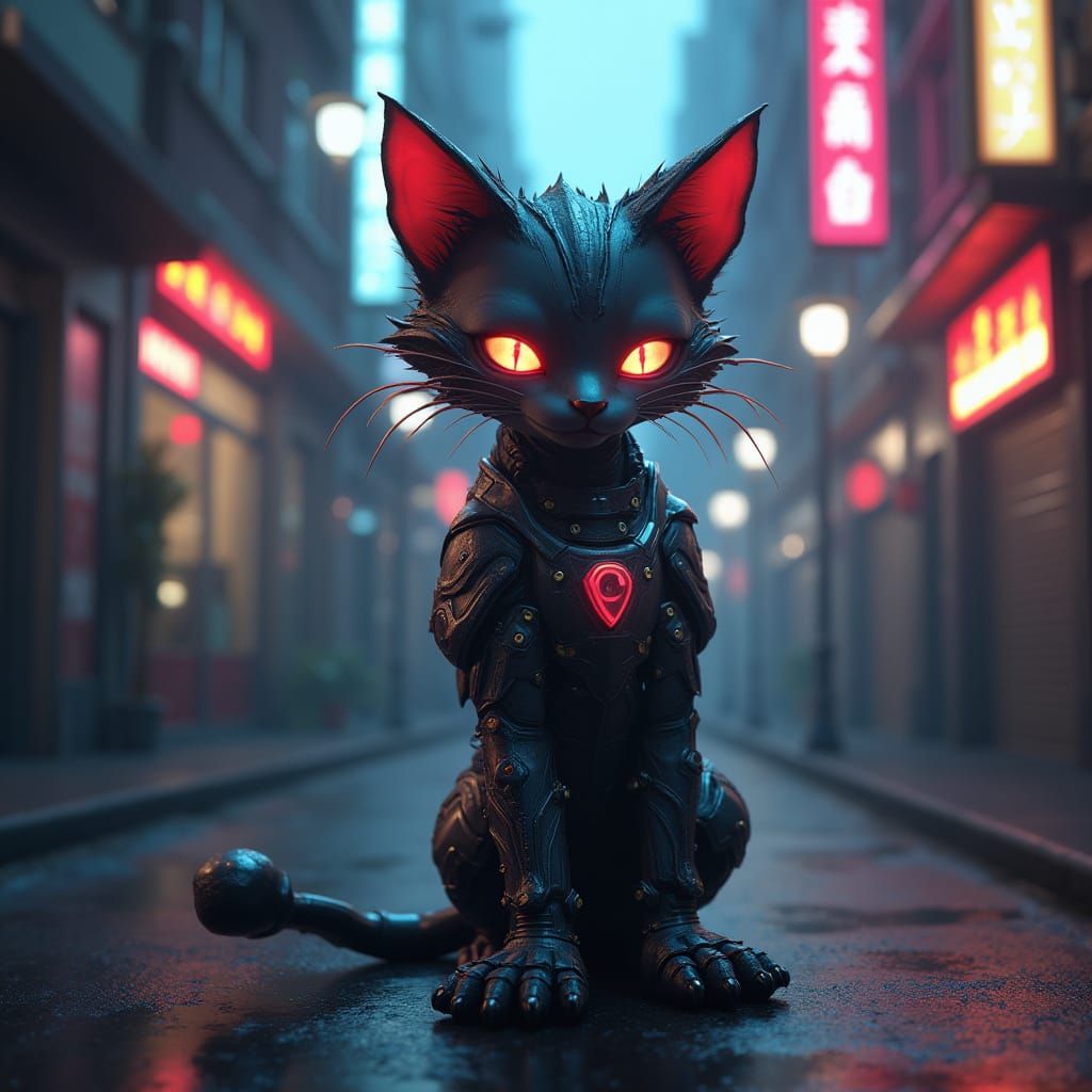 Cyberpunk Cat in Neon Alley: 3D Digital Art