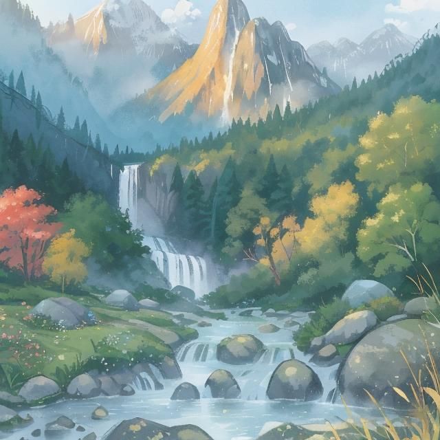 Watercolor Village Surrounded by Mountains and Waterfalls