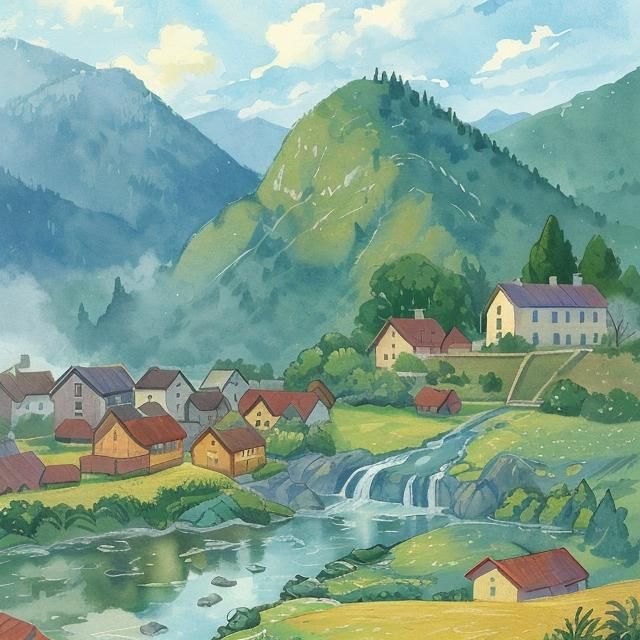 Watercolor Village Landscape in Expressive Style