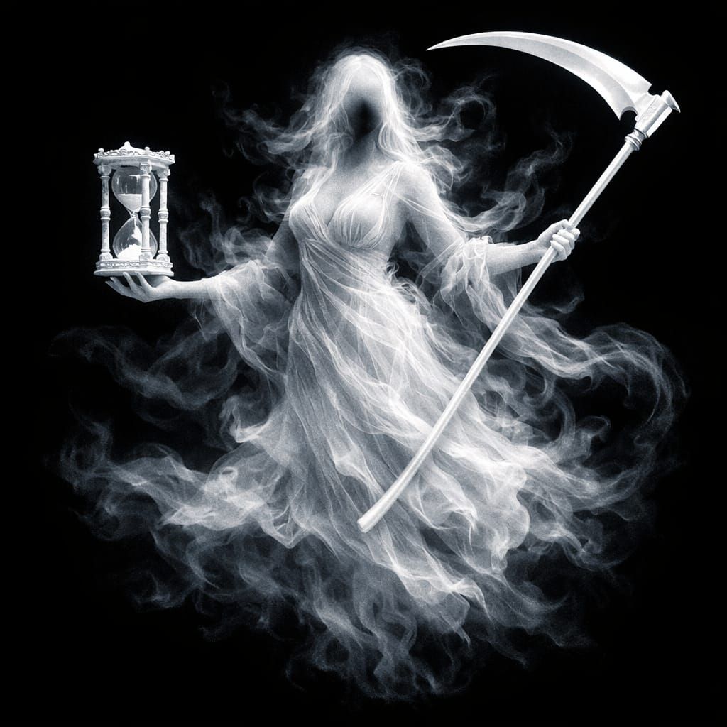 Ghostly Smoke Figure Wields Scythe and Hourglass