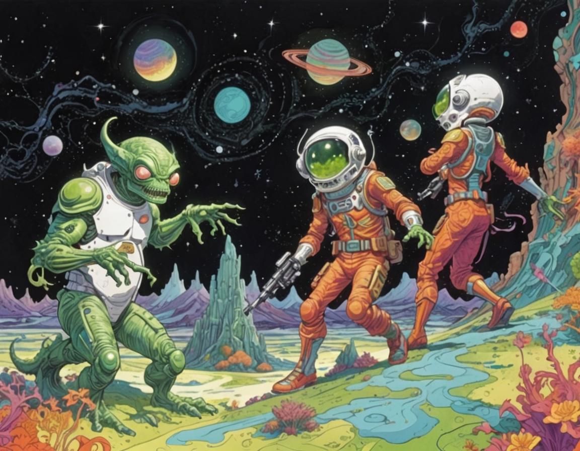 Alien Monster on Lunar Landscape in Comic Book Art
