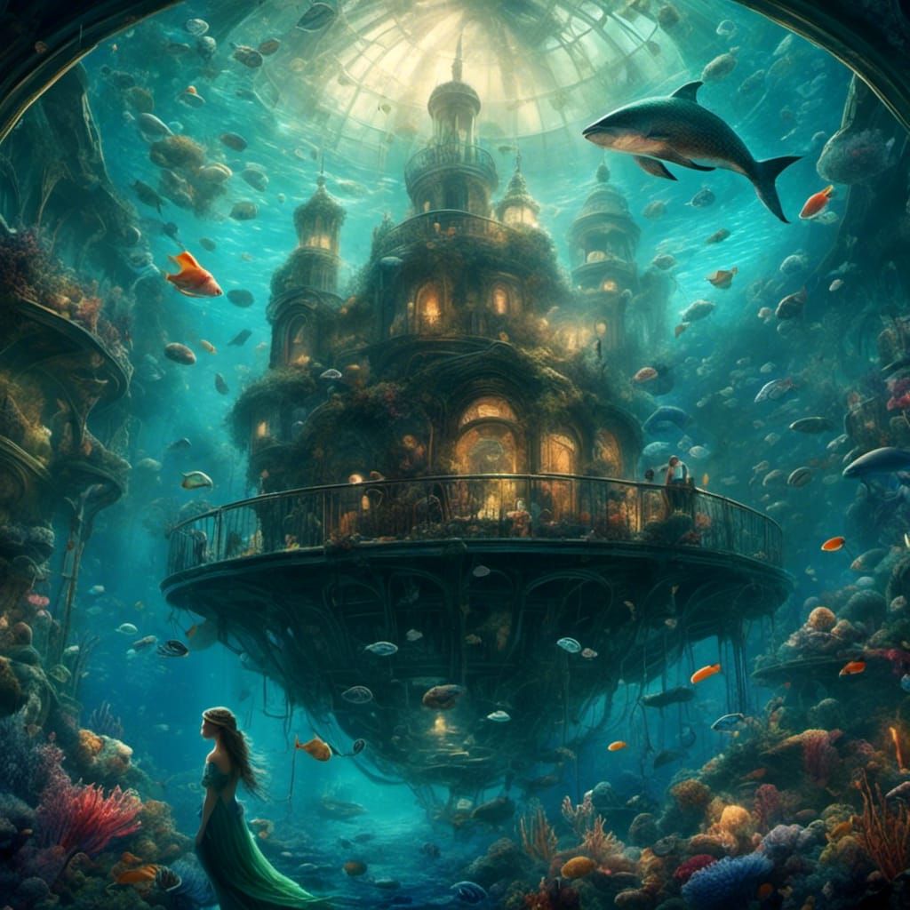 Underwater City with Mermaid in Hyperreal Style