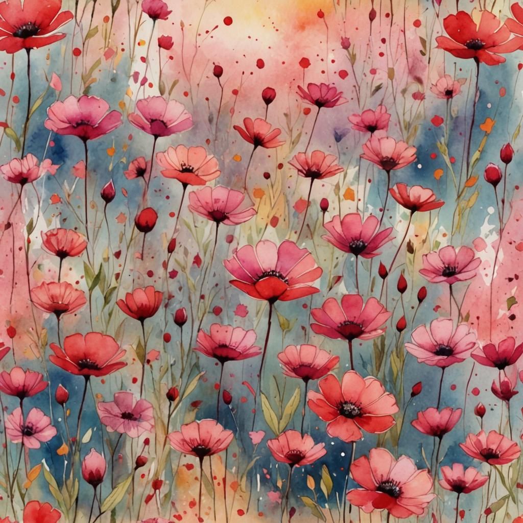 Vibrant Watercolor Field of Flowers with Ink Details