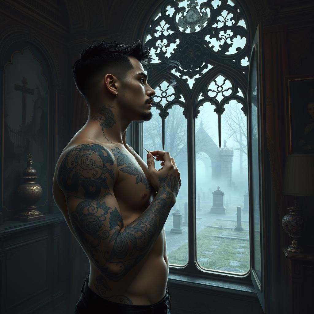 Handsome Emo man with lots of tattoos smoking weed in the fa...