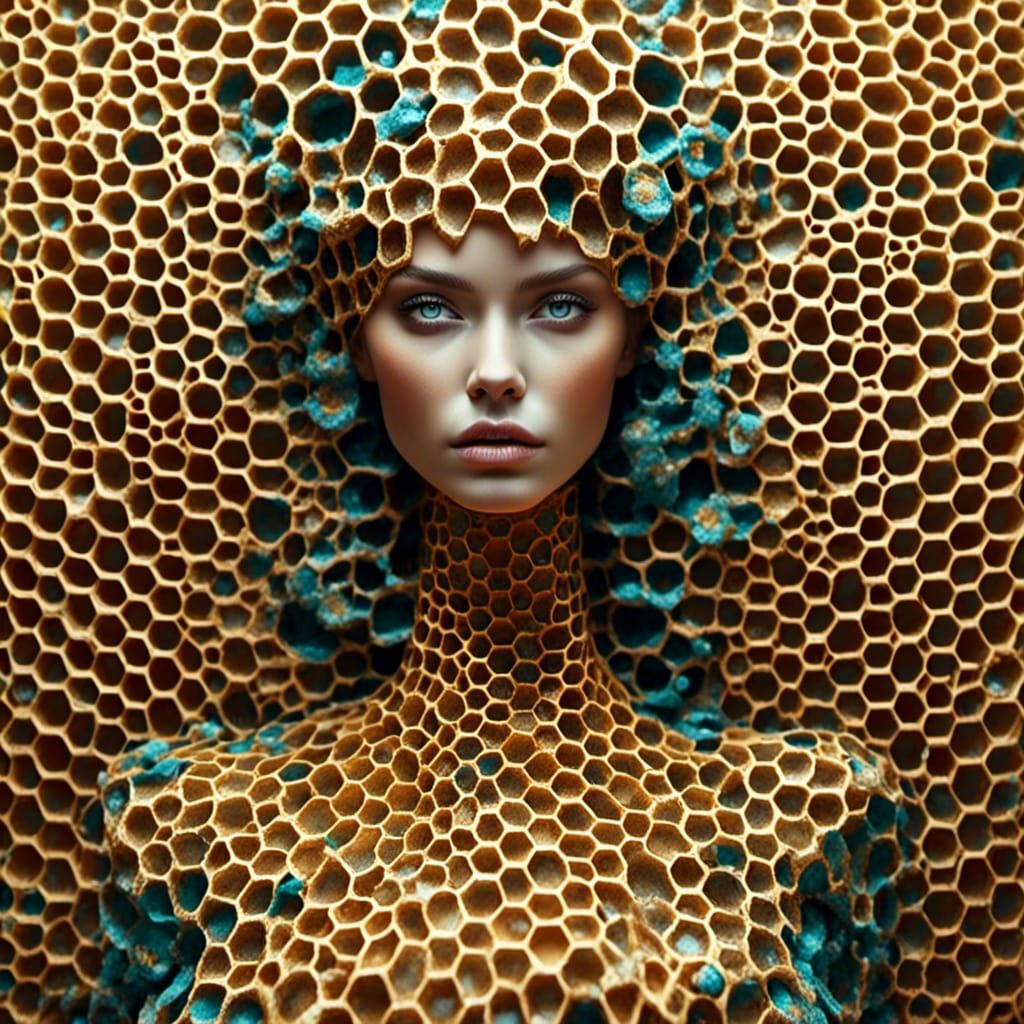 Hyperrealistic 3D Woman with Honeycomb Design