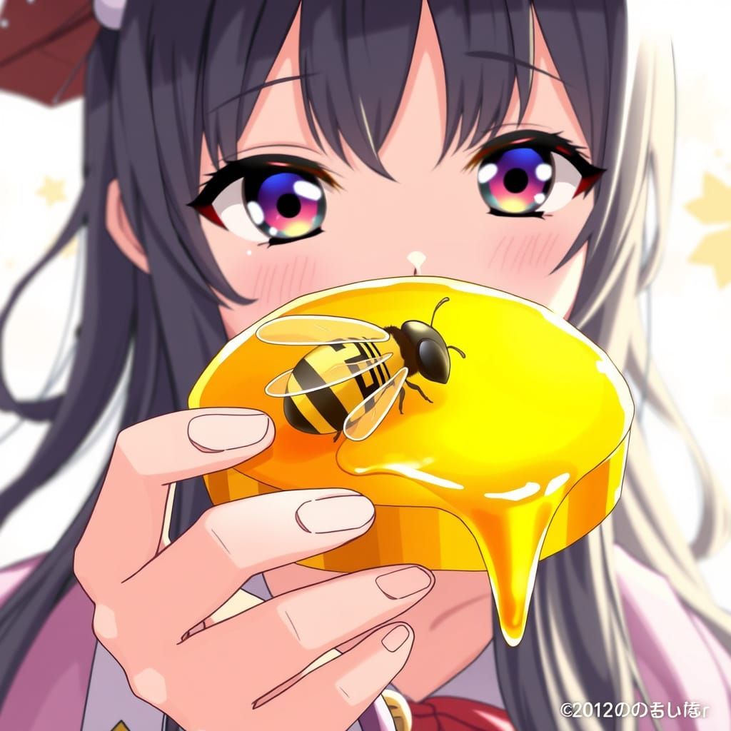 Girl with Honey and Bee in a Vibrant Anime Style