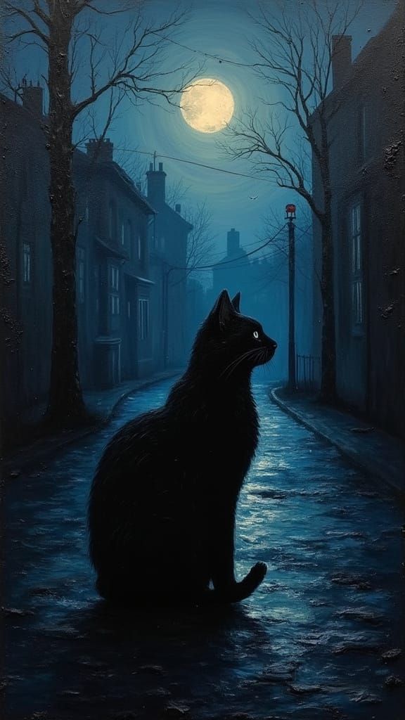 Black Cat Silhouette in Impasto Encaustic Style