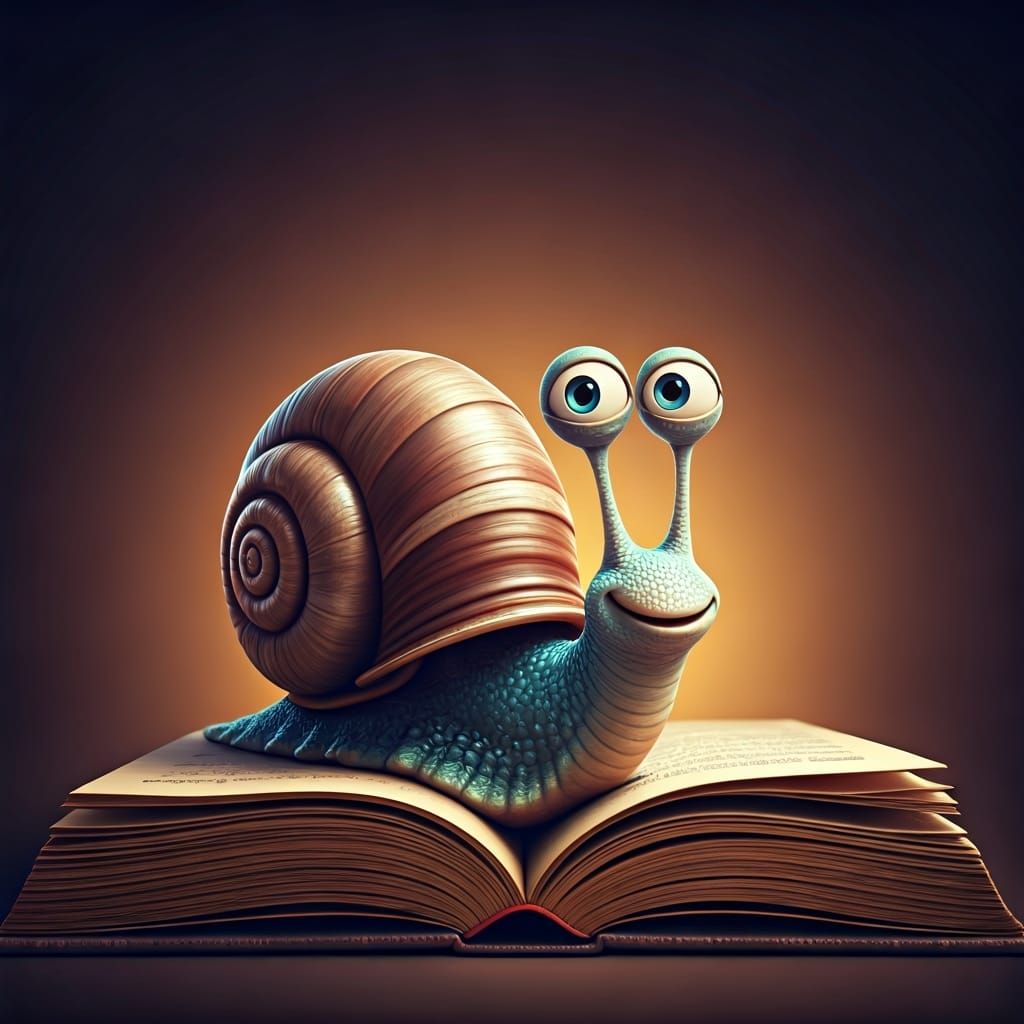 Contented Snail Reads Book in Pixar Style
