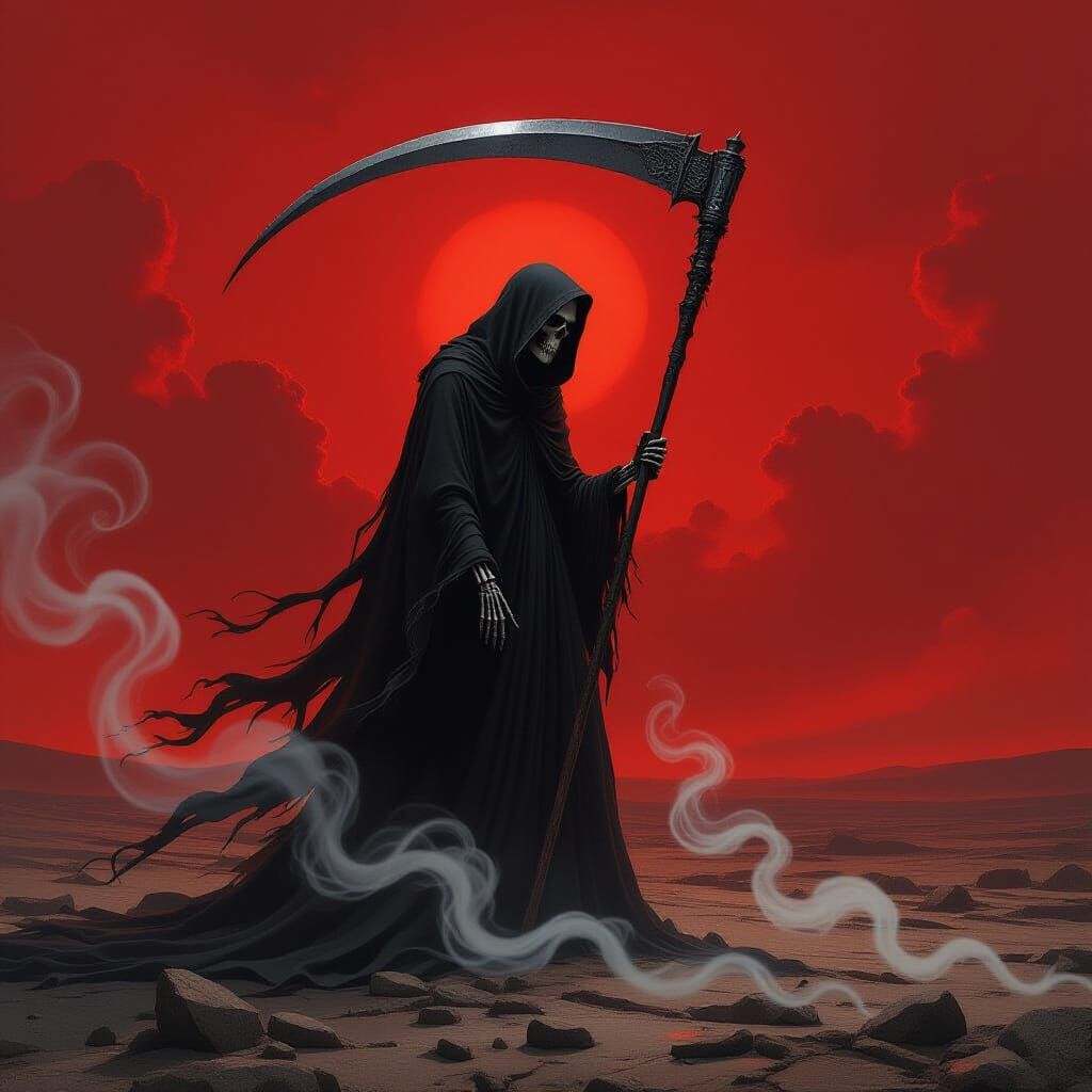 Gothic Skeletal Figure in Red Sky