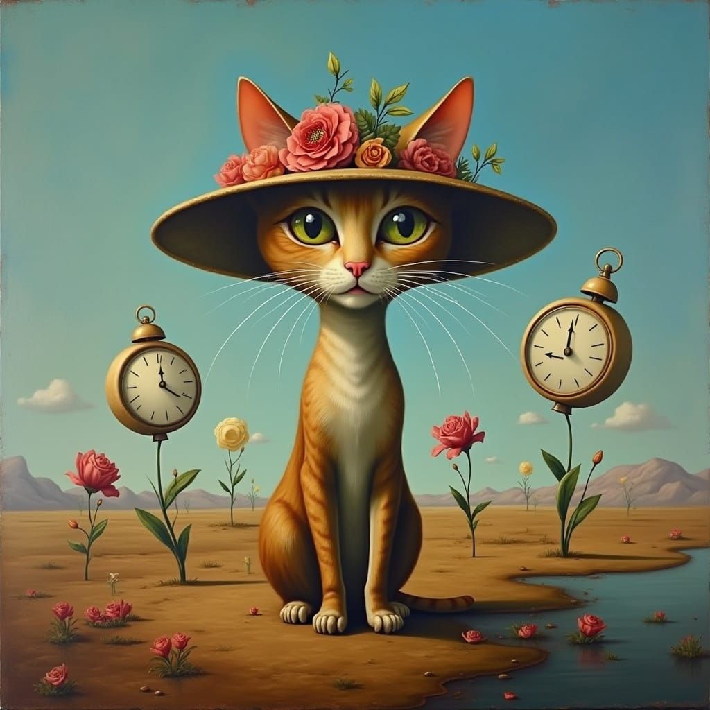 Surrealist Cat in Dreamlike Landscape with Melting Flowers a...