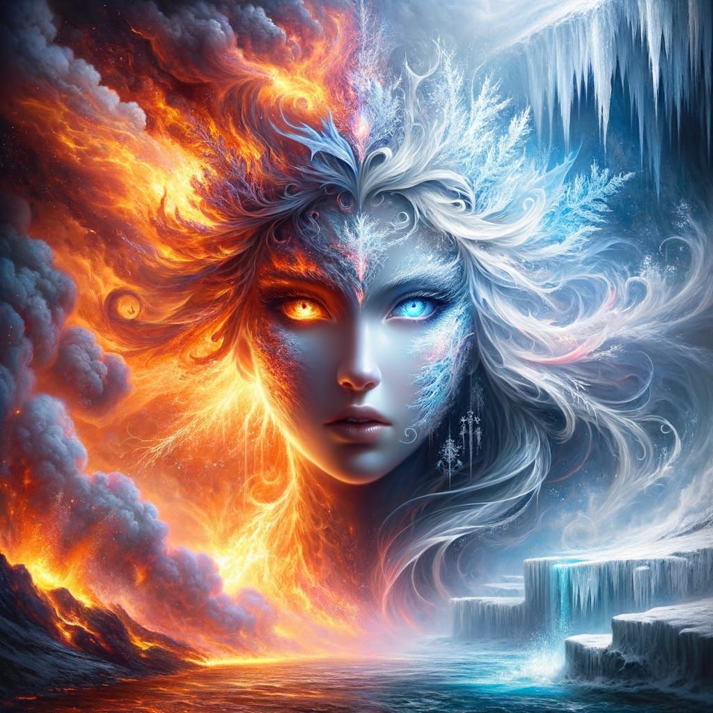 Goddess of Ice and Fire on Glacier with Lava Eruption