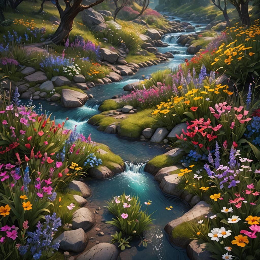Colorful Creek and Wildflowers: Detailed Matte Painting