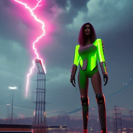 Electrified Sheep in Cyberpunk Lightning Storm