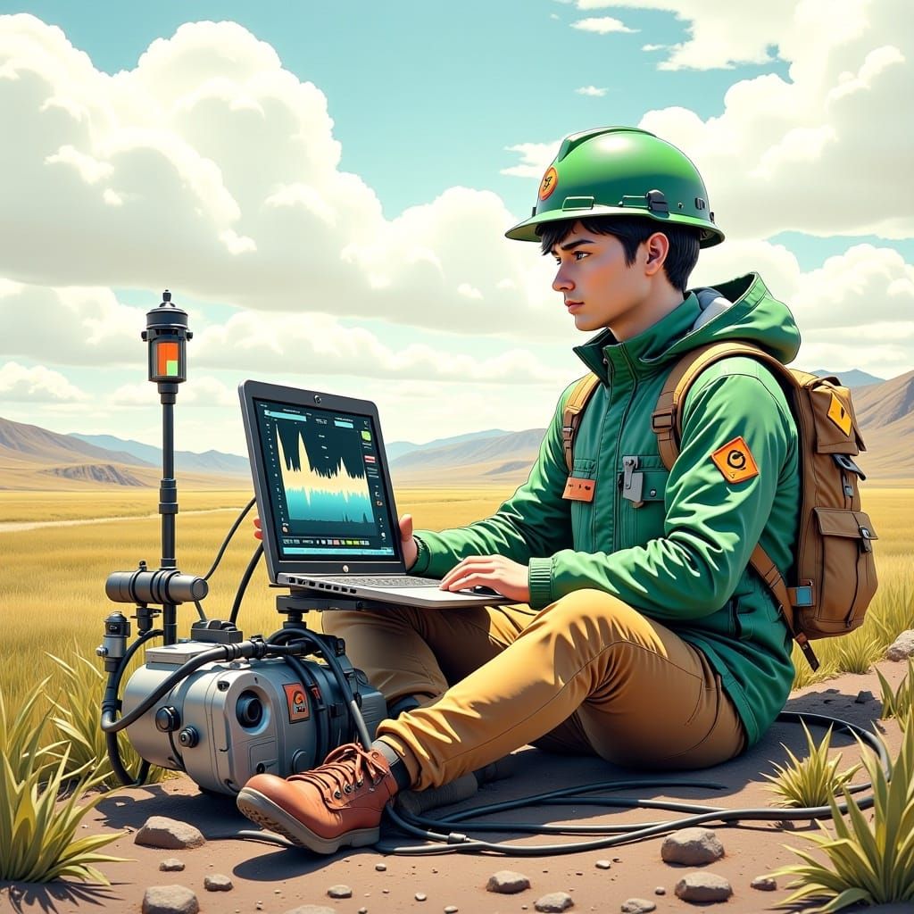 Geologist Analyzing Seismic Data in Ghibli Style