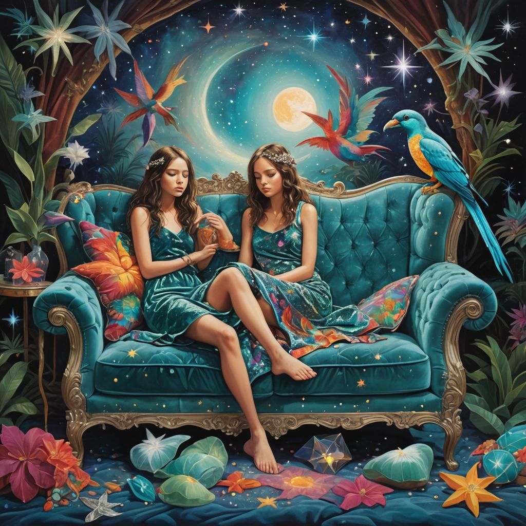 Surreal Twins with Tropical Bird in Dreamscape, Dali-esque