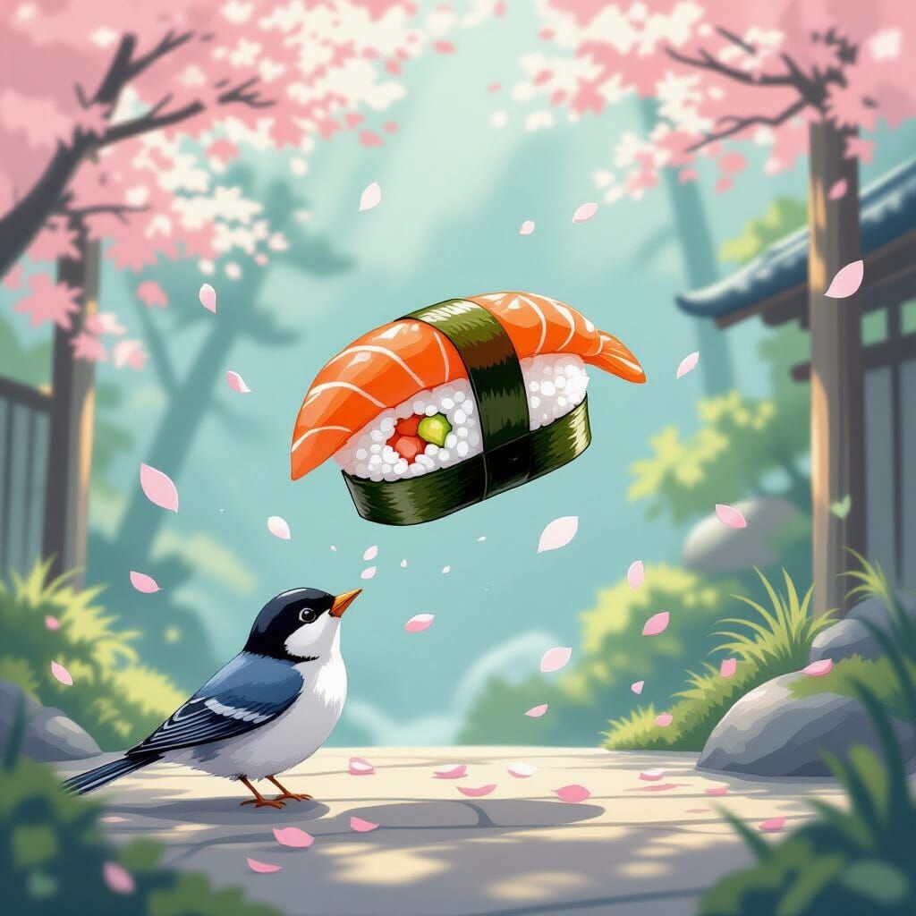 Whimsical Sushi Scene in Anime Style