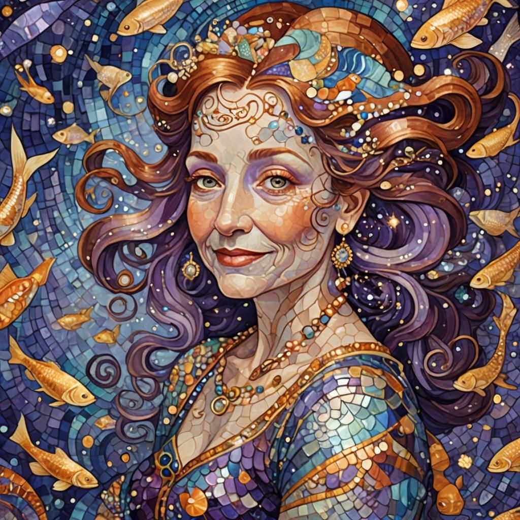 Klimt-Inspired Mermaid Portrait with Mosaic Patterns