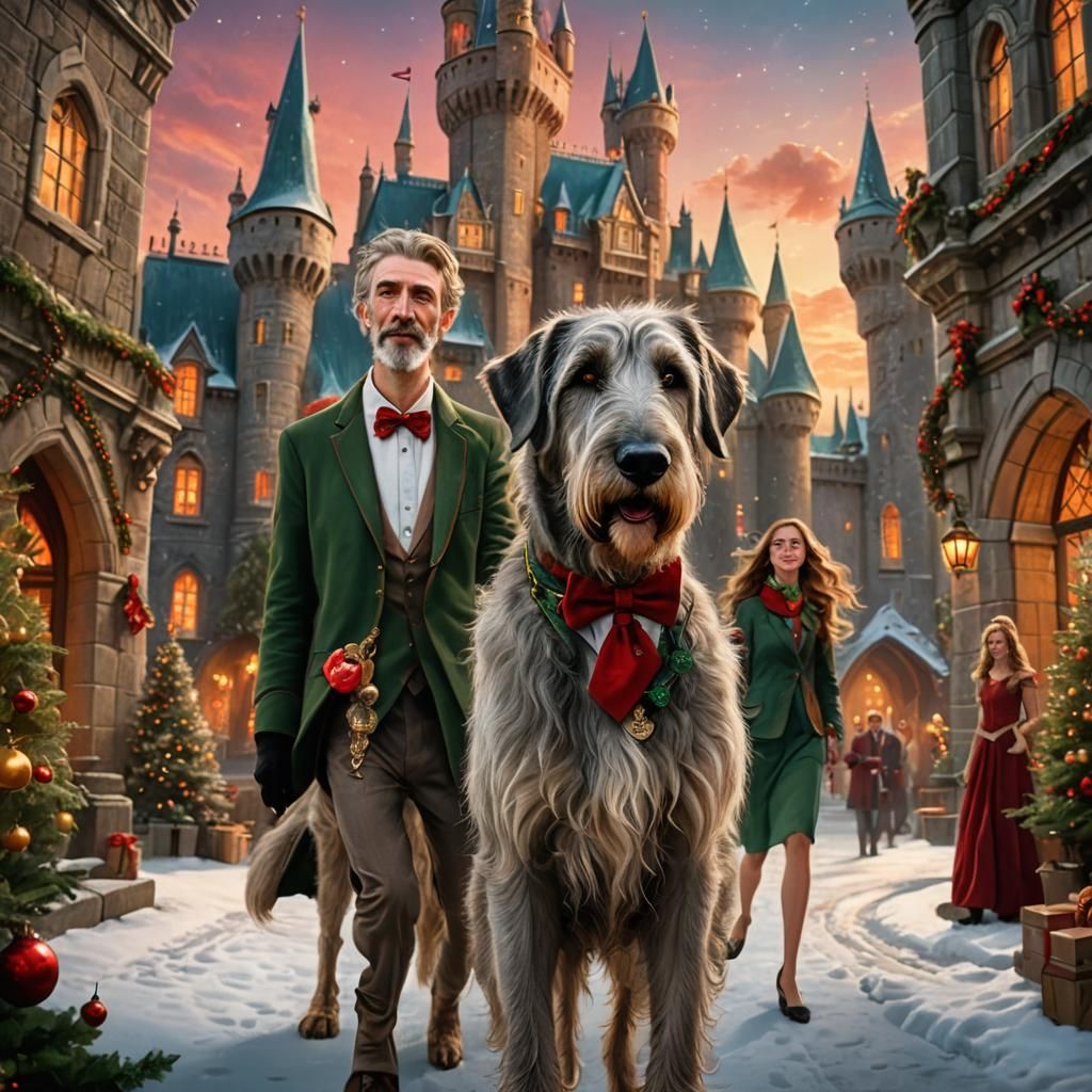 Festive Irish Wolfhound at Magic Castle, Detailed Matte Pain...
