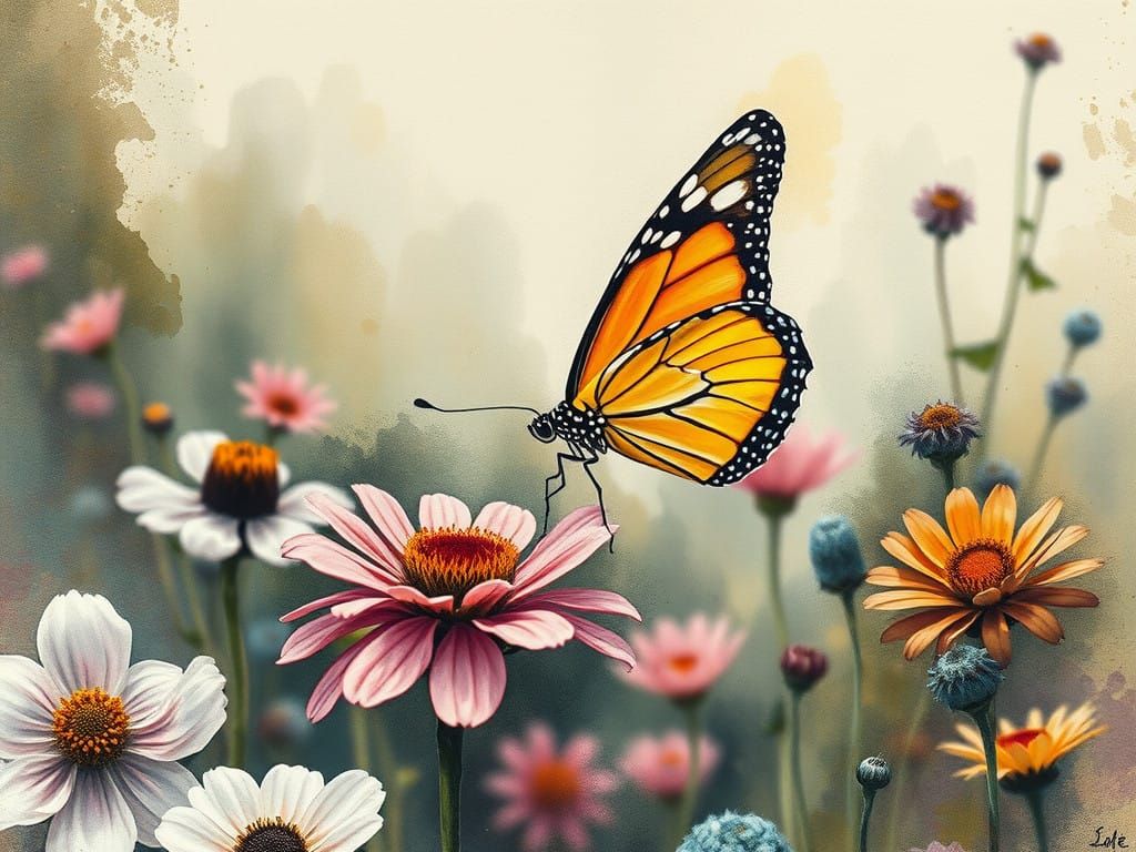 Whimsical Pastel Butterfly on a Vintage Wildflower