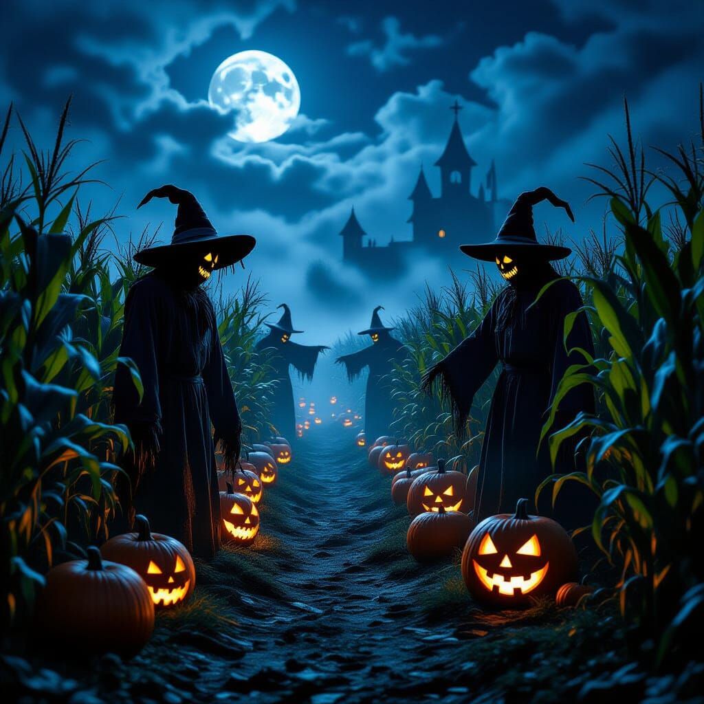 Eerie Halloween Harvest Moonlight Landscape