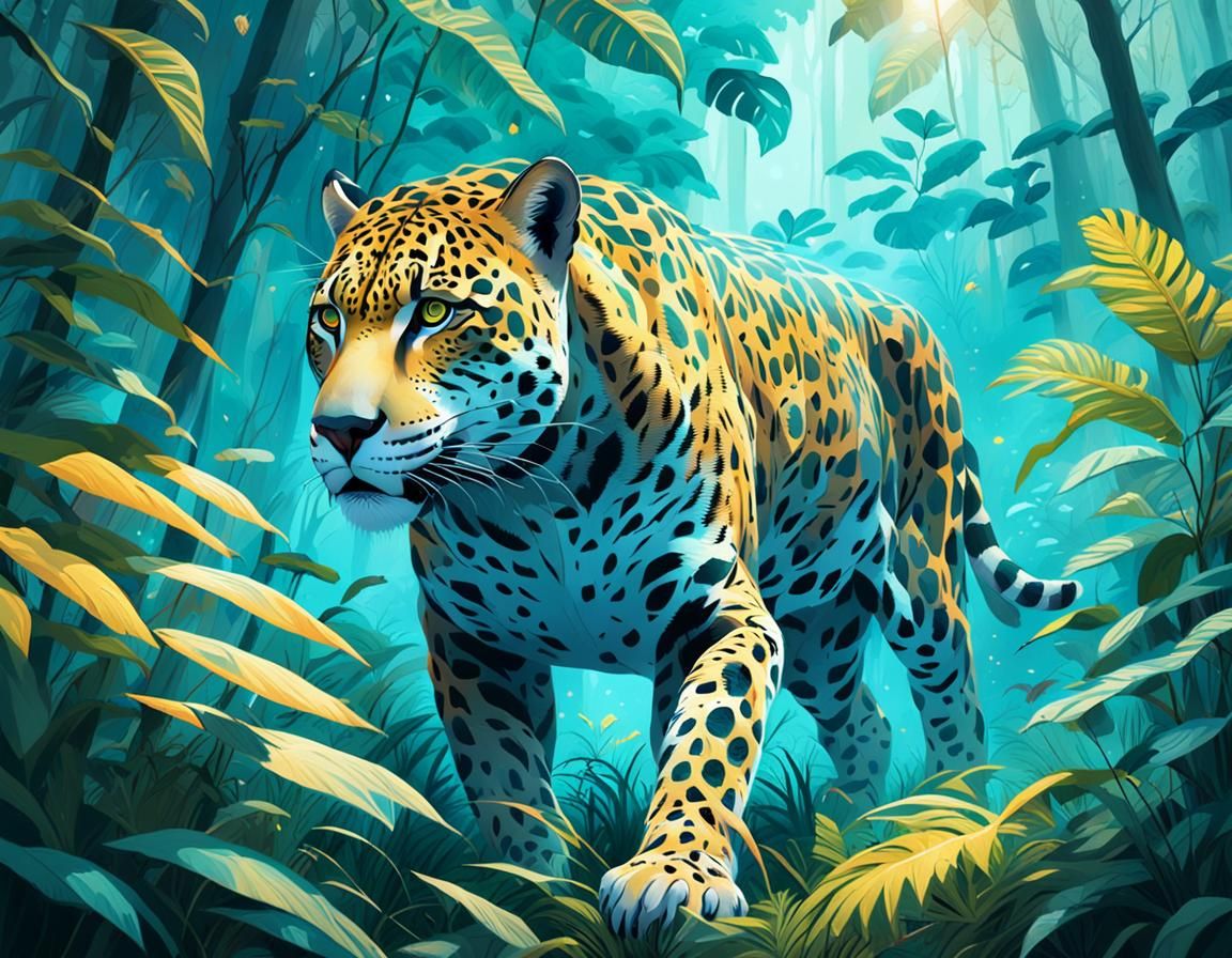 In the lush rainforest, a majestic jaguar roams through the ...