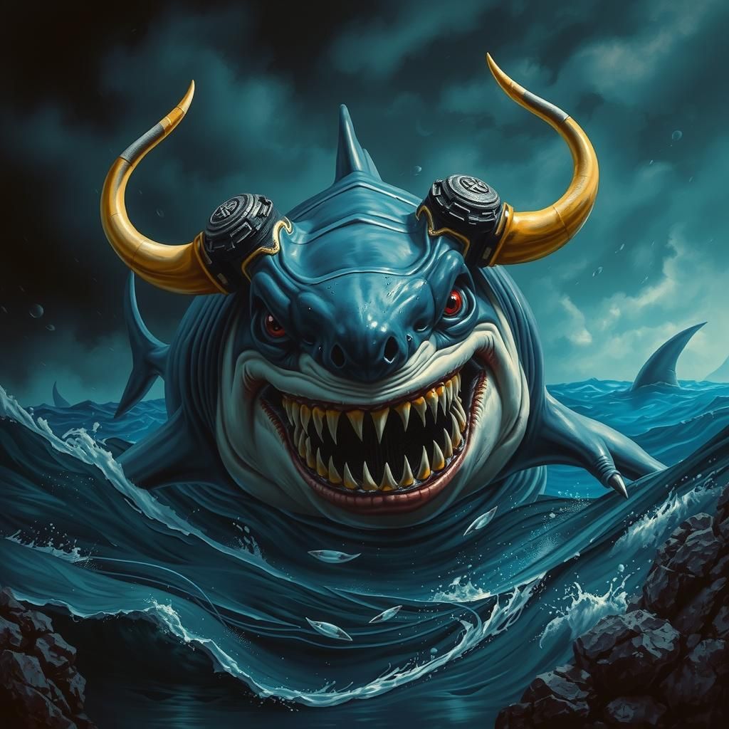 Menacing Shark-Bull Hybrid in Gritty Biomechanical Style