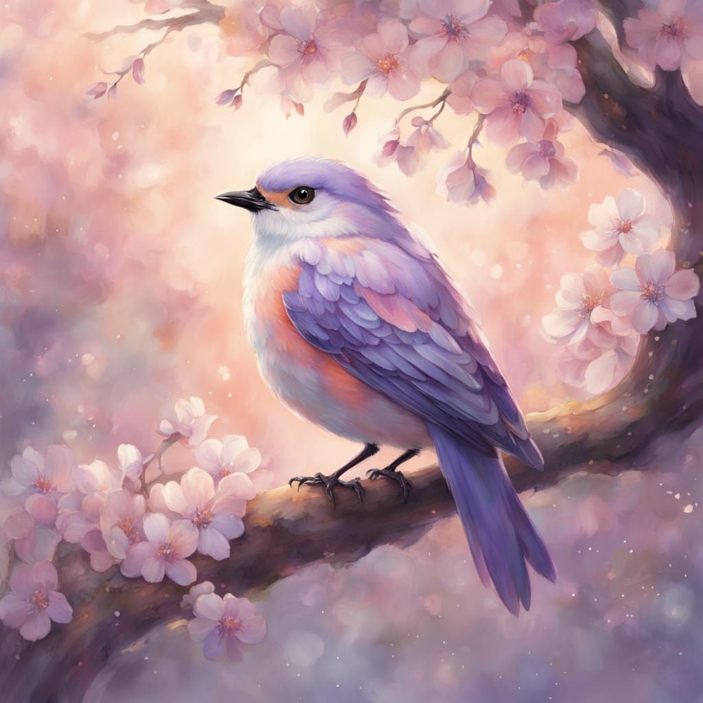 Pastel Bird on Cherry Blossom Branch, Ghibli Style
