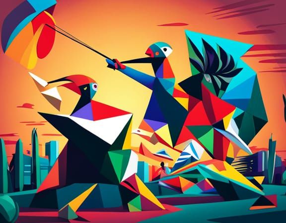 Rooster Fight in Geometric Fauvism Style