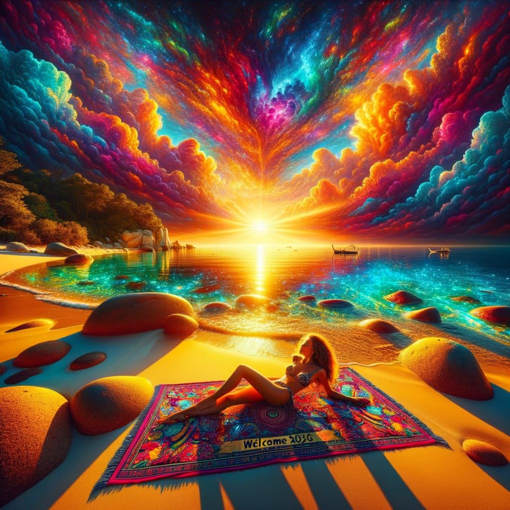 Vibrant Sunrise Beach Scene with Woman and 'Welcome 2026'