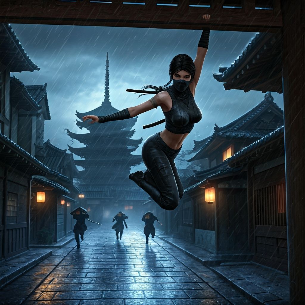 Cinematic Ninja Leaping in Rainy Japanese Street