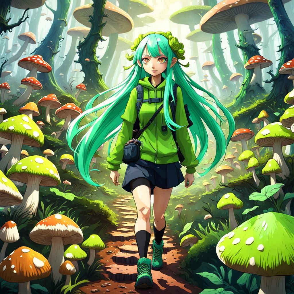Anime Girl Hiking in a Mushroom Forest
