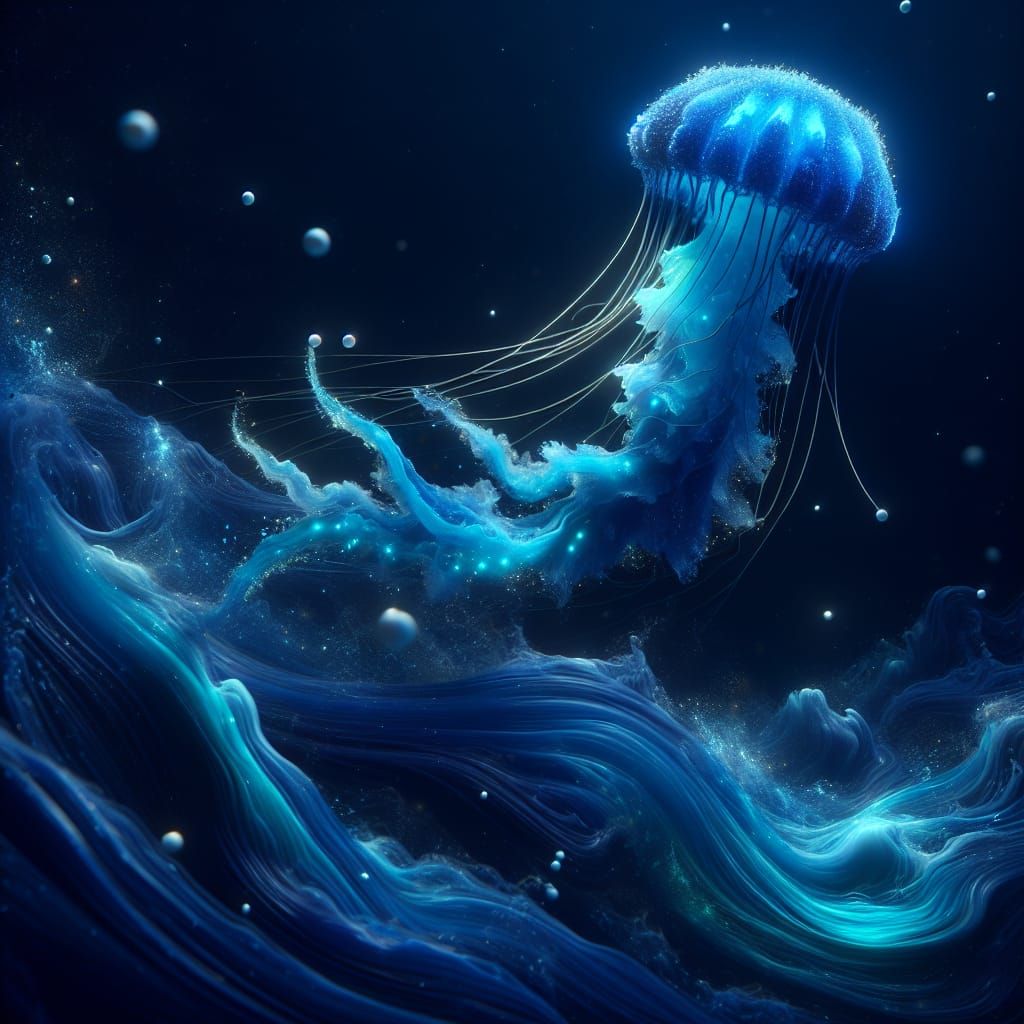 Bioluminescent Jellyfish of Electric Blue Liquid in Deep-Sea...