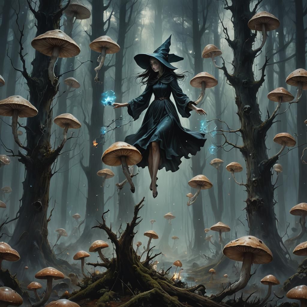 Macabre Witch Flies Through Bioluminescent Forest