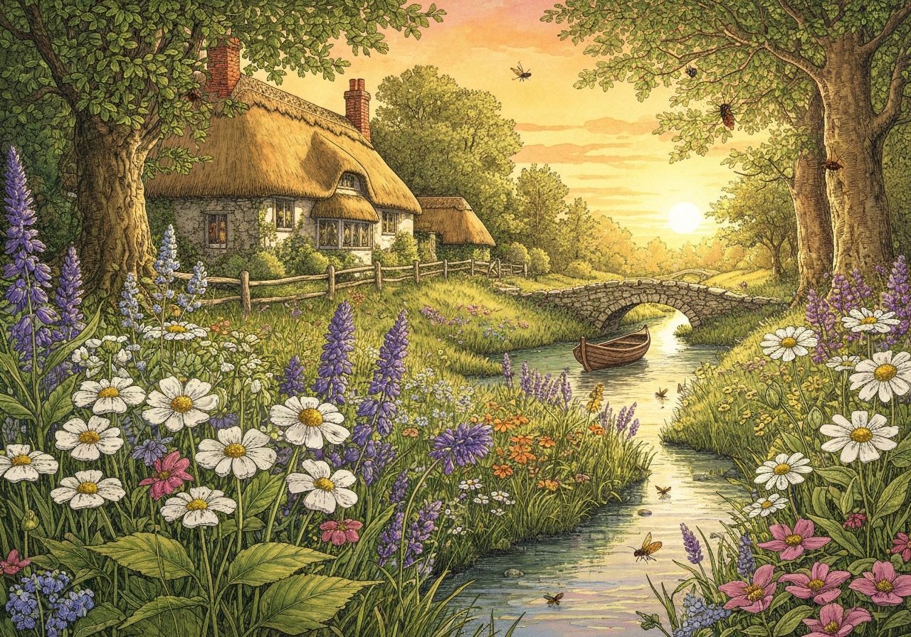 Iridescent Watercolor Garden Scene at Sunset