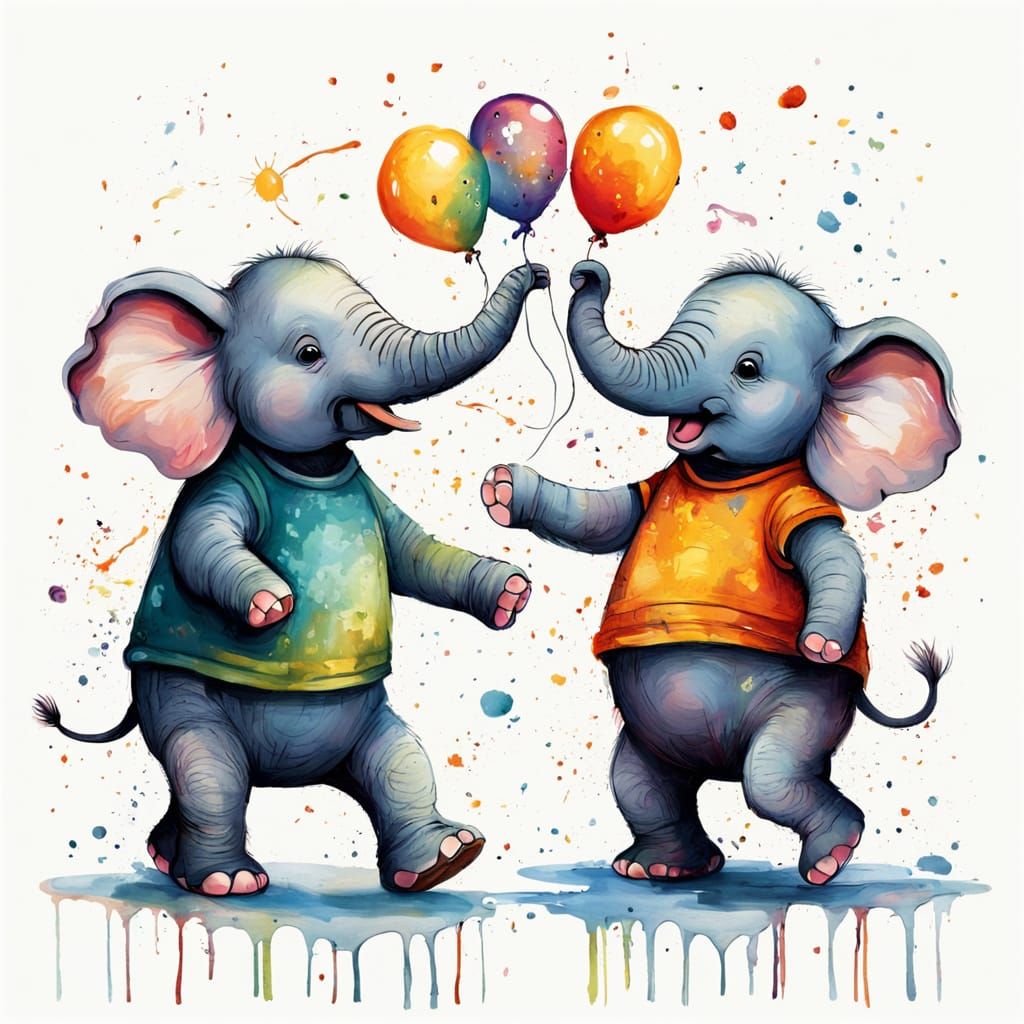 Elephant and Mouse Dancing Together in Colorful Painting