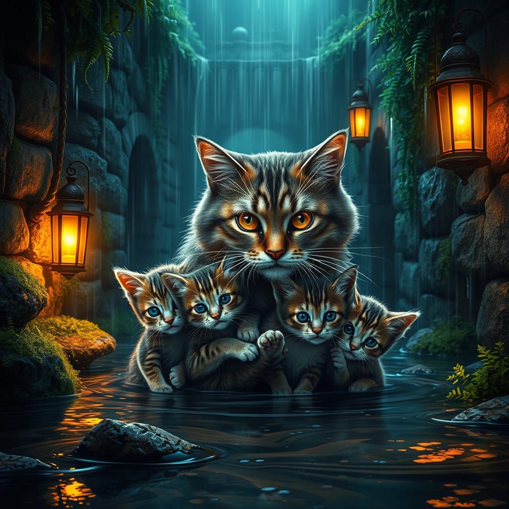 Mother Cat Saves Kittens from Rainy Alleyway in Dreamlike At...