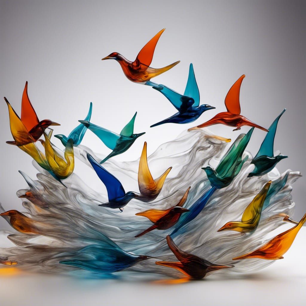 Vibrant Blown Glass Birds Over River Sculpture
