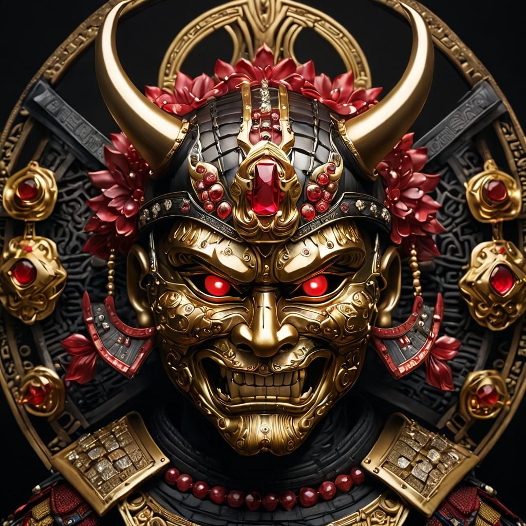 Ornate Jeweled Samurai Mask Surrounded by Fire
